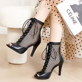 Luxe Lace-Up Netted Peep-Toe Booties - Sophisticated Elegance for Special Occasions