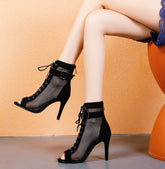 Sultry Mesh Lace-Up Heel Booties with Buckle Detail - Bold Elegance for Evening Wear