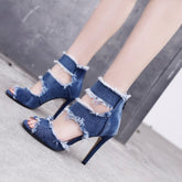 Distressed Denim High Heel Sandals - Frayed Chic for the Fashion-Forward
