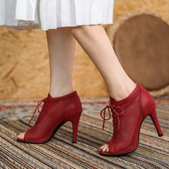 Sultry Mesh Lace-Up Heel Booties - Elegance Meets Edgy in Every Step