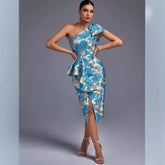 One Shoulder Sleeveless Frill Midi Bodycon Dress