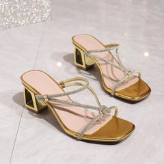 Gold high-Heeled Sandals With Shiny Rhinestones