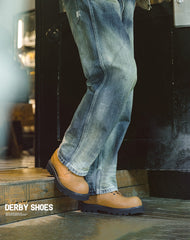 Derby Big Head Workwear Low-Top Yellow Leather Men's Dress Shoes