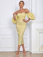 Off Shoulder Pleated Midi Backless Bodycon Dress