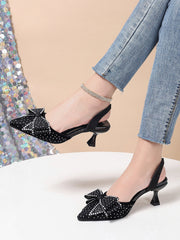 Rhinestone Pointed Bow High Heels