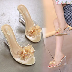 Pink Slippers With Big Flowers And Pearl Sandals
