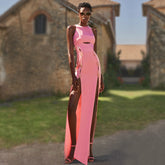 Round Neck Sleeveless Maxi Slit Bodycon Dress