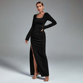 Square Collar Long Sleeve Maxi Tie Bodycon Dress