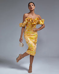 Off Shoulder Pleated Elegant Midi Dress