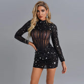 High Neck Long Sleeve Beaded Mini Bodycon Dress