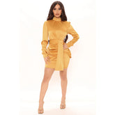 High Neck Long Sleeve Mini Wrinkled Bodycon Dress