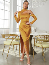 High Neck Long Sleeve Maxi Side Slit Bandage Dress