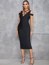 V Neck Short Sleeve Zipper Midi Bandage Dress