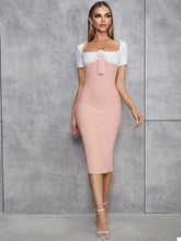 Square Collar Short Sleeve Striped Midi Bandage Dress