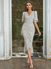 V Neck Short Sleeve Flouncing Midi Bodycon Dress