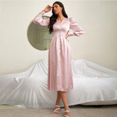 V Neck Long Sleeve Over Knee Balloon Sleeve Bodycon Dress