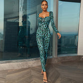 Square Collar Long Sleeve Leopard Print Bodycon Jumpsuit