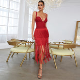 Strappy Sleeveless Midi Tassels Bandage Dress