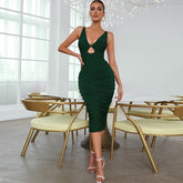 V Neck Sleeveless Midi Backless Bandage Dress