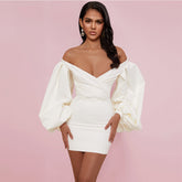 Off Shoulder Long Sleeve Wrinkled Mini Bodycon Dress