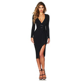 V Neck Long Sleeve Slitted Over Knee Bandage Dress HJ647