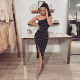 One Shoulder Sleeveless Bubble Beads Over Knee Bandage Dress