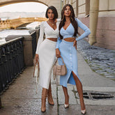 V Neck Long Sleeve Button Bandage Set