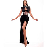 High Neck Sleeveless Maxi Drill Chain Bodycon Dress