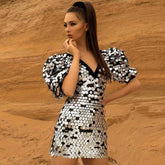 V Neck Short Sleeve Mini Sequined Bodycon Dress