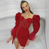 Square Collar Long Sleeve Feather Mini Bodycon Dress