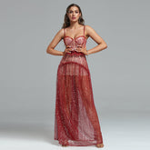 Strappy Sequins Mesh&Lace Maxi Dress