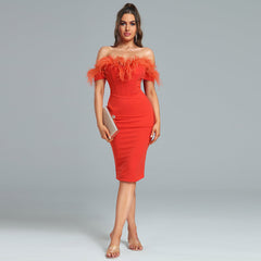 Off Shoulder Feather Trim Midi Dress