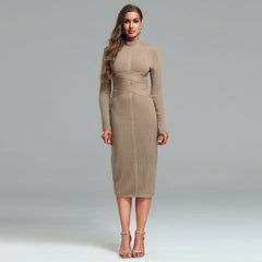 High Neck Striped Midi Bandage Dress