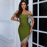 Off Shoulder Short Sleeve Tassels Midi Bandage Dress