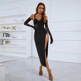 Strappy Long Sleeve Maxi Side Slit Bandage Dress