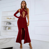 V Neck Long Sleeve Maxi Cut Out Bandage Dress