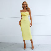 Yellow Strapless Sleeveless Midi Plain Bandage Dress