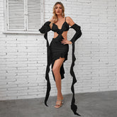 Strappy Long Sleeve Lace Up Midi Bandage Dress