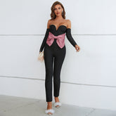 Off Shoulder Long Sleeve Bowknot Bandage Jumpsuit