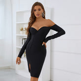 Off Shoulder Long Sleeve Mini Slit Bandage Dress