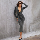 V Neck Long Sleeve Rhinestone Midi Bandage Dress PZPDAQ311