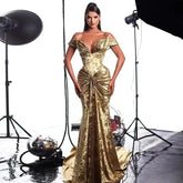 Off Shoulder Short Sleeve Maxi Metallic Bodycon Dress