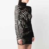High Neck Long Sleeve Mini Patterned Bodycon Dress
