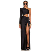 One Shoulder Long Sleeve Maxi Exposed Waist Bodycon Dress