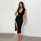 V Neck Sleeveless Metal Studded Midi Bandage Dress