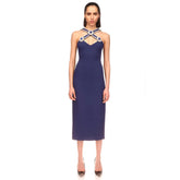 V Neck Sleeveless Diamente Embellished Midi Bandage Dress