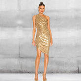 One Shoulder Sleeveless Midi Ruched Bodycon Dress
