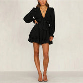 V Neck Long Sleeve Frill Mini Bodycon Dress