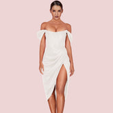 Off Shoulder Short Sleeve Wrinkled Over Knee Bodycon Dress