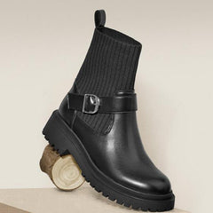 Buckle Design Knitted Tube Chelsea Boots
